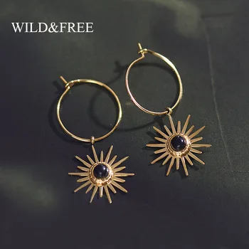 

Wild&Free Bohemian Style Cute Sun Pendant Small Hoop Earrings For Women Black Stone Charm Circle Earring Stainless Steel Jewelry