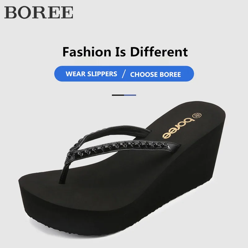 Женские летние шлепанцы с кристаллами BOREE на платформе и танкетке пляжные