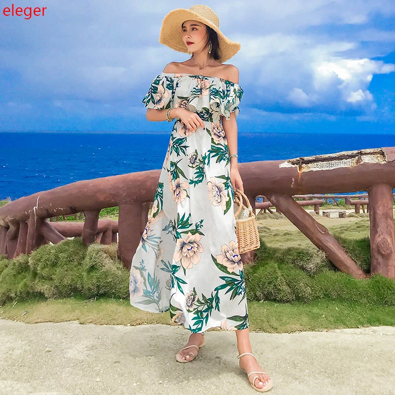 

Floral Parint Chiffon Tropical Women Summer Dress Long Elegant Boho Casual Party Vacation Beach Dress Off Shoulder Runway 2020