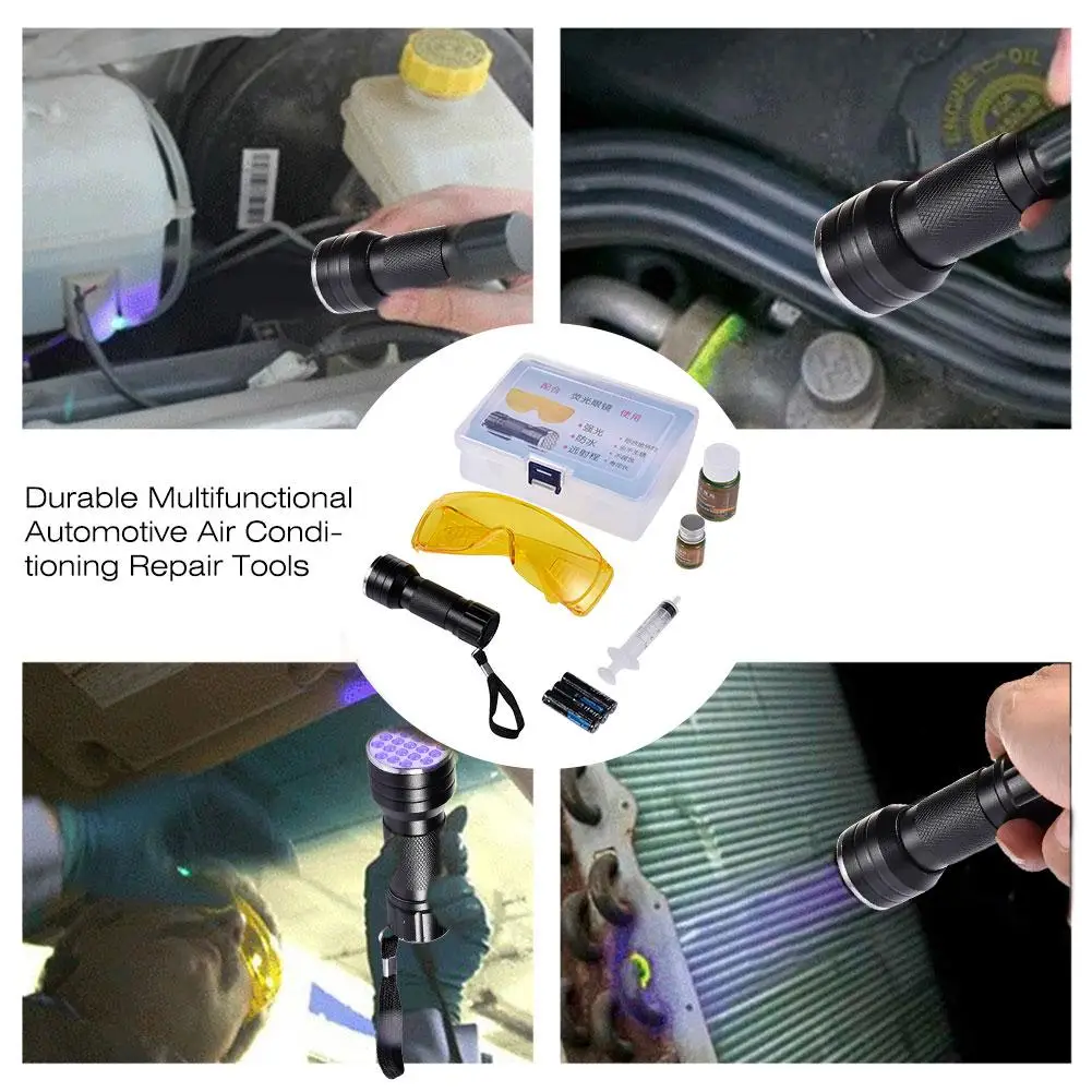 Leak Detector Kit Durable Multifunctional Automotive Air Conditioning Repair Tools LED UV Flashlight Protective Glasses Set