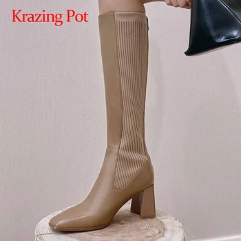 

Krazing pot riding boots natural leather knitting patchwork thick high heel square toe zipper mature basic knee high boots L41