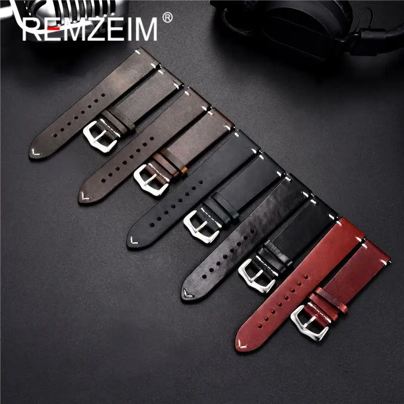 Artisan Oil Wax Leather Watchband in Blue, Red, and Brown - Premium Replacement Strap