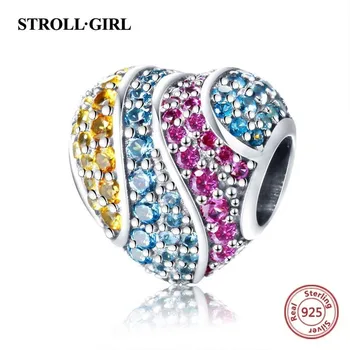 

New Arrival 925 Sterling Silver Heart Shape Beads with Colored Cz Fit European Charms Bracelet Diy Jewelry Making for Women Gift