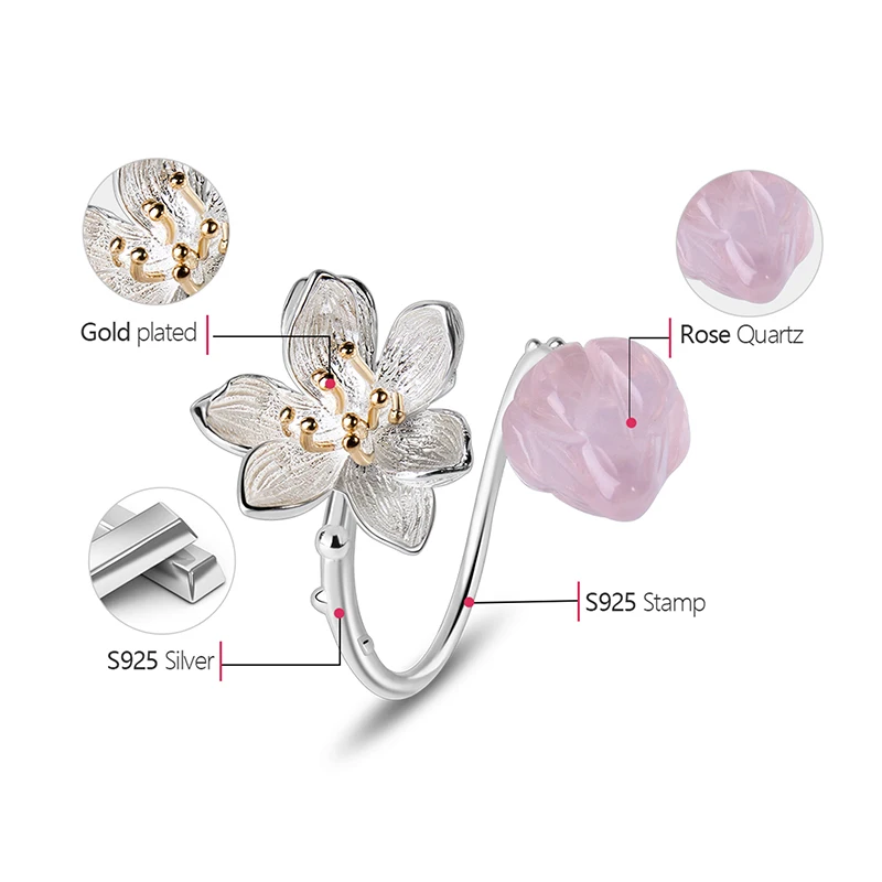 Silver Ring Silver Rings Silver Heart Ring Silver Cross Ring Silver Rose Ring Gemstone Ring Lotus Fun Real 925 Sterling Silver Natural Rose Quartz Handmade Women's Flower Ring Lotus Whispers Rings