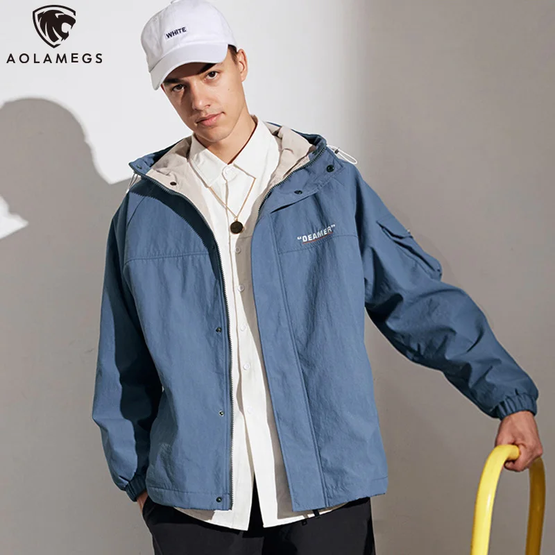 

Aolamegs Men Jacket Solid Color Jacket Hooded Casual Windbreaker College Style Advanced Cargo Coat Fashion Streetwear Autumn