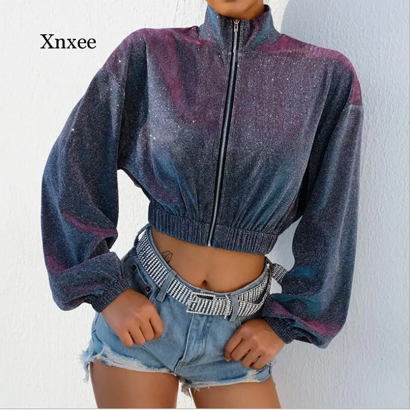 Cropped Oversized Hoodies Silver Glitter Long Sleeve O-Neck Sweatshirt Women Streetwear Korean Crop Sweatshirt gray Starry sky