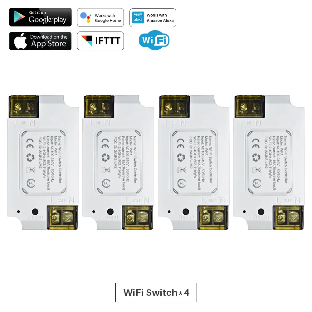 4 Pcs 15A Интеллектуальный базовый переключатель Wi-Fi таймер DIY беспроводной переключатель умный дом автоматизация приложение дистанционное управление работа с Alexa Google Home - Комплект: 4 Pcs