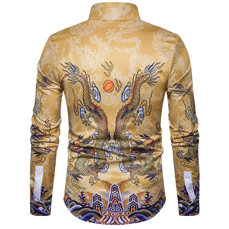 Желтая китайская рубашка с принтом дракона Мужская Chemise Homme новая брендовая мужская рубашка-смокинг вечерние рубашки для выпускного вечера Мужская 3XL