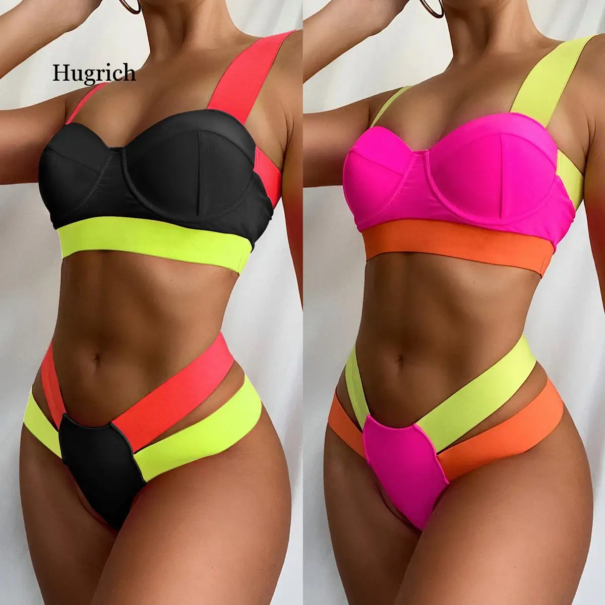 

Women's Swimsuits Sexy Swimwear Patchwork Bikini Woman Push Up Biquini Neon Bikinis Swimsuit Bathing Suits 2021