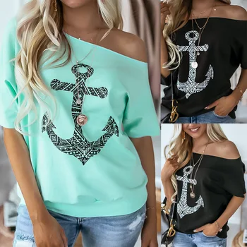 

2020 Summer T Shirt Women Style New T Shirt Anchor Print Short Sleeved T -shirt Sexy Off Shoulder O-neck Loose Tops Streetwear