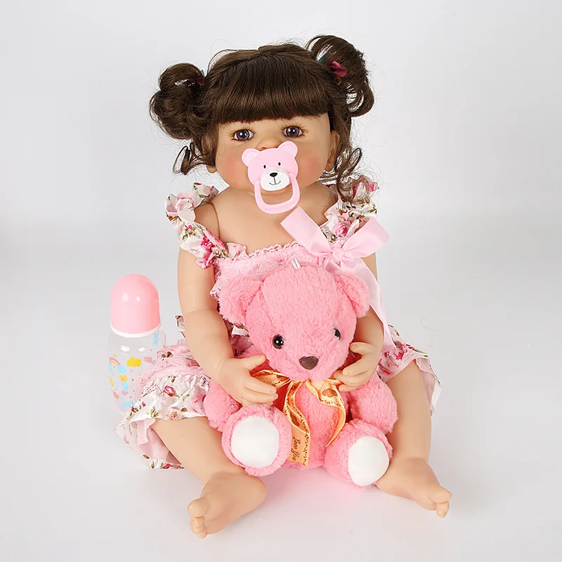 55 см Reborn Baby Doll игрушка полный Силиконовый медведь розовая ткань тело короткие объемные волосы Реалистичная кукла Малыш Дети сопроводительная игрушка