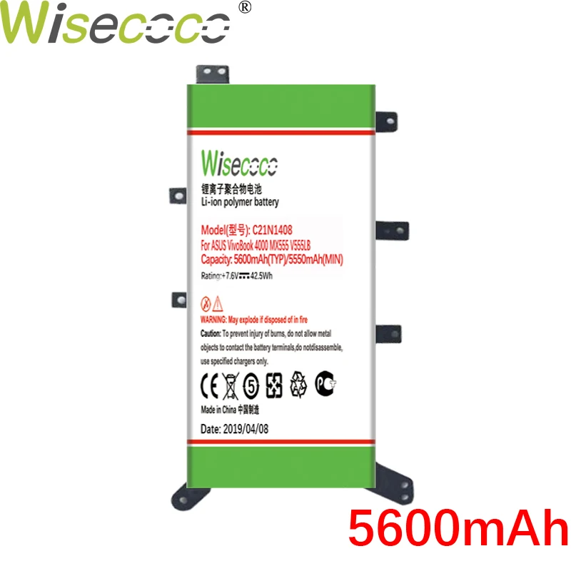 Wisecoco 4900 мАч C21N1408 батарея для Asus VivoBook 4000 C21N1408 MX555 X555LN v555u планшет мобильный телефон+ номер отслеживания - Цвет: 5600mAh