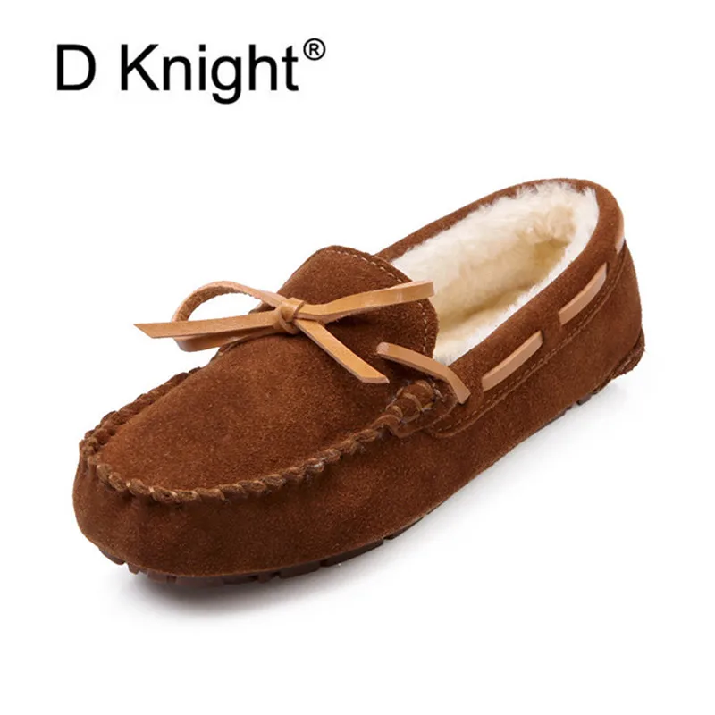 Winter New Warm Loafers Shoes Fashion Bowtie Soft Leather Women Ballet Flats Round Toe Non-slip Maternity Mother Boat Shoes