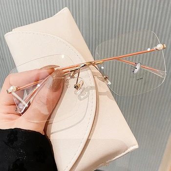 

Cutting Frameless White Pearl Anti-blue Light Eyeglasses For Women Elegant Brand Alloy Square Ultralight Computer Glasses Frame