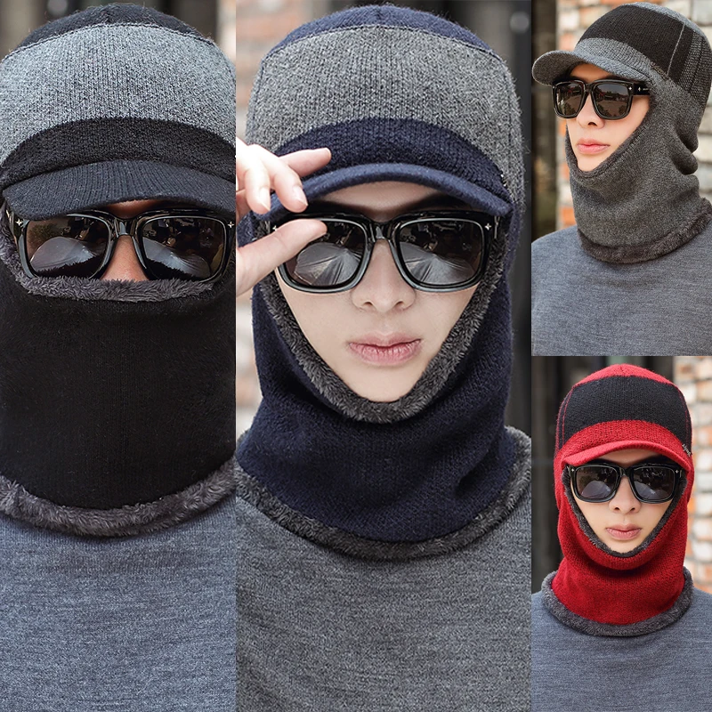 Мужская зимняя вязаная шапка два в одном, пушистый шарф Skullies Beanies, ветрозащитная теплая шерстяная маска для улицы, Балаклава, шапка
