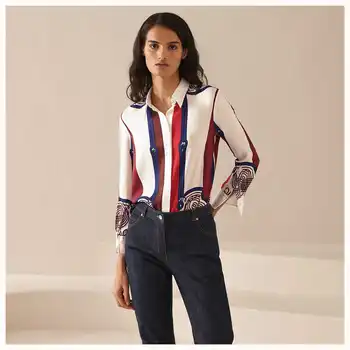 

20 Spring Long Sleeve Silk Blouse Print Striped Shirts Vintage Chinese Style Fringe Shirt Women High Quality Clothes Ladies Tops