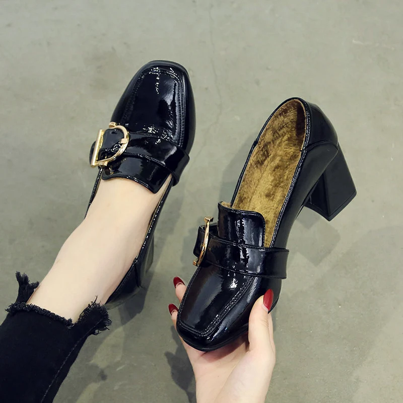 

Concise Bright leather metal buckle thick high heels Korean version Female 2019 new Shallow pumps shoes woman sapato feminino
