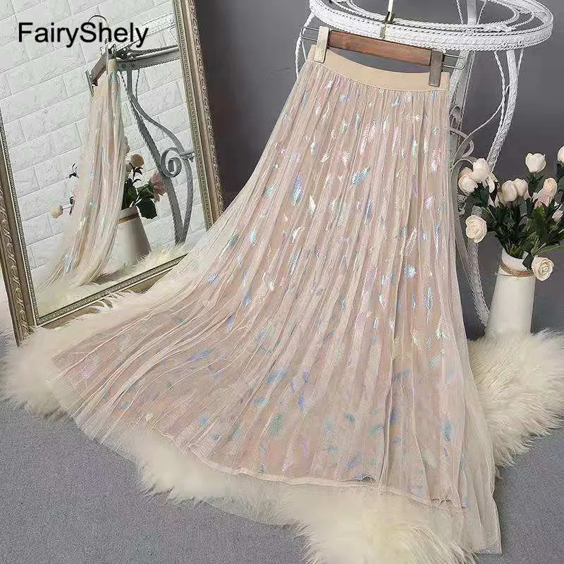 FairyShely осень зима черный тюль юбки женские бархатные плиссированные длинные юбки для дам эластичная высокая талия Павлин юбка миди