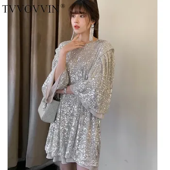 

TVVOVVIN Korea Spring Summer New Silver Color Sequins Dress Loose A Lien Puff Sleeve Party Dress Sexy & Club Fashion OV18