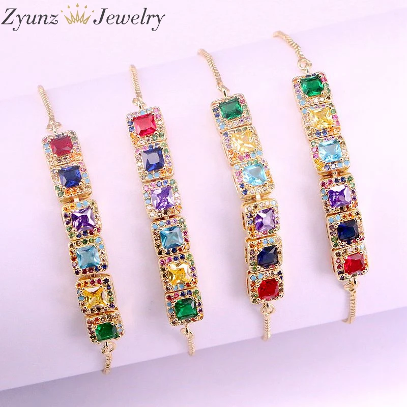 

5PCS, Beautiful Multi CZ Zircon Micro Pave Long Bar with Adjustable Femme Copper Chain Charm Bracelet For Women Girl
