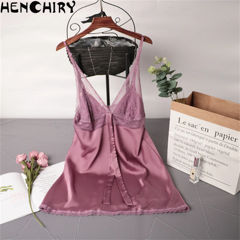 

HENCHIRY lace sexy women's nightwear Ice silk suspender skirt new deep V lace lace nightdress sexy solid color nightdress female