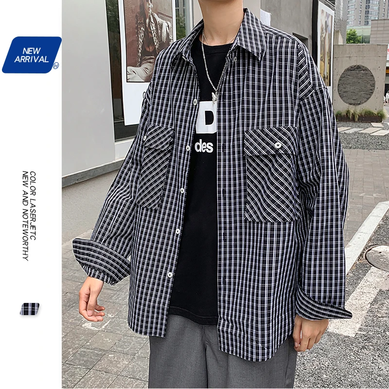 

Black and White Striped Shirts for Men Long Sleeve Autumn Designer Simple Korean Fashion Shirt with Pockets Oversized Streetwear