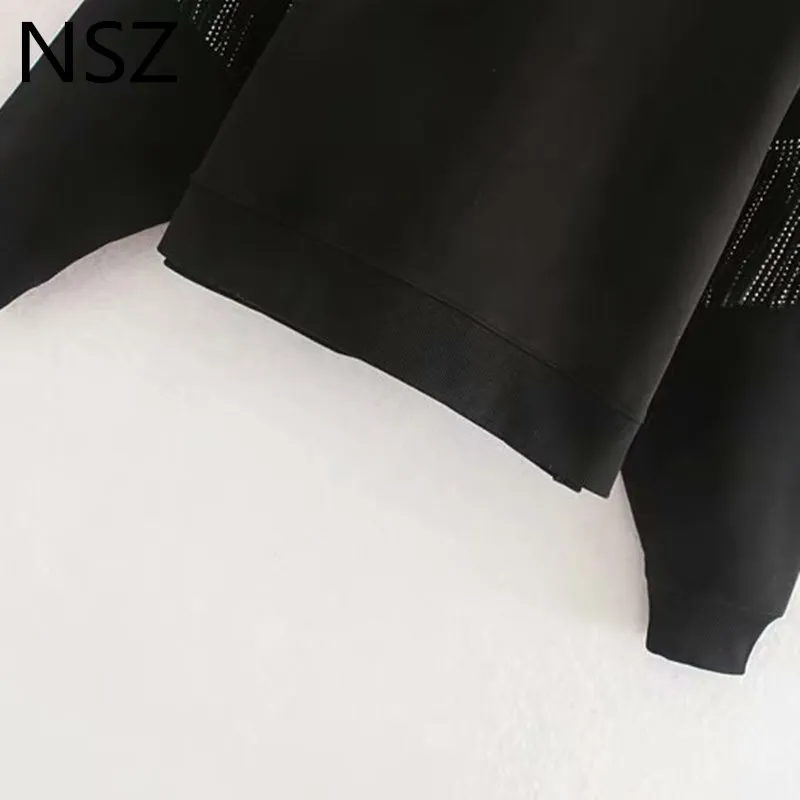 NSZ женские черные флисовые фуфайка с кисточками круглый воротник оверсайз пуловеры заклепки модные толстовки Верхняя одежда Топ