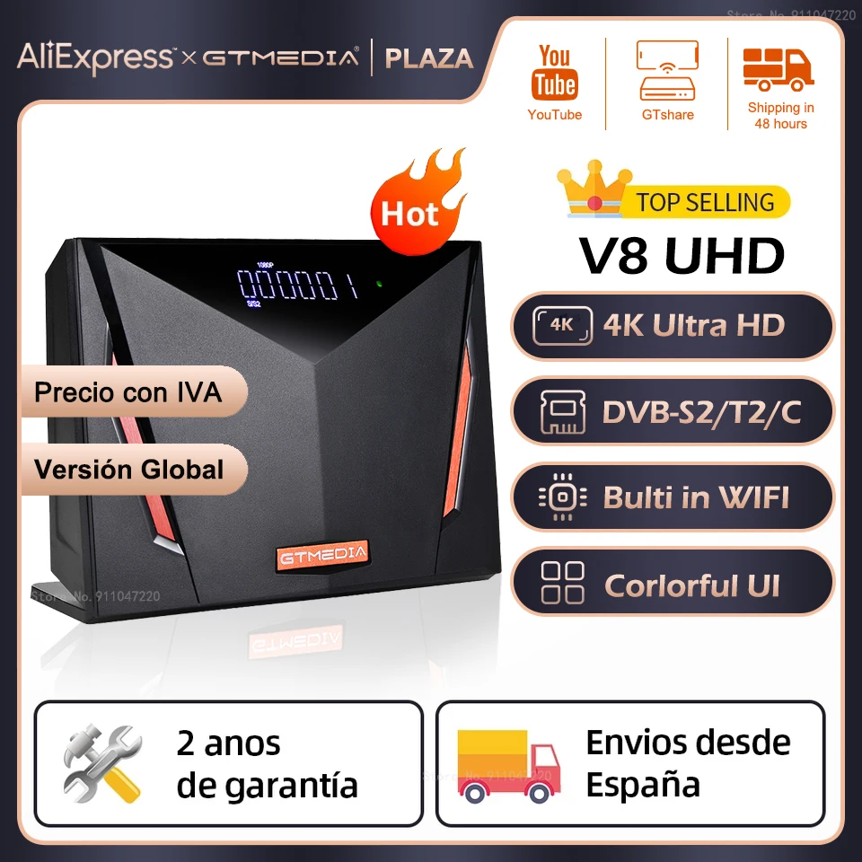 GTmedia V8 UHD 4K Satellite Receiver TV BOX DVB-S2 T2 Cable Astra H.265 Built in WIFI Ccam Oscam CA Card Scart Ship from Spain |
