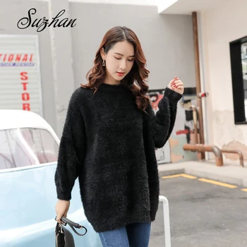 

Suzhan 2019 Winter New Fashion Thickened Warm Mohair Female Sweater Lantern Sleeve Casual Solid Color Slim Simple Pullover