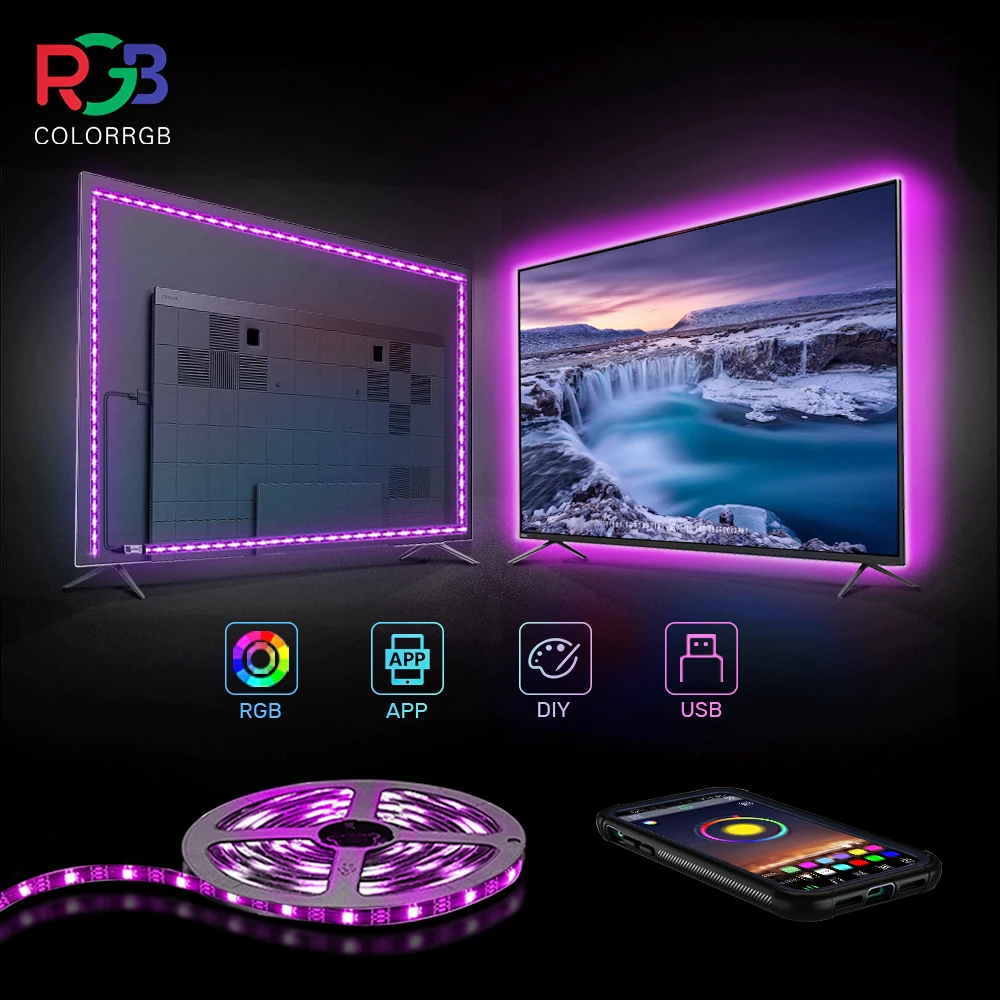 Colorrgb, luz de fundo da tevê, luz de tira conduzida posta por usb, rgb5050 para 24 Polegada-60 Polegada tevê, espelho, pc, viés do controle de app
