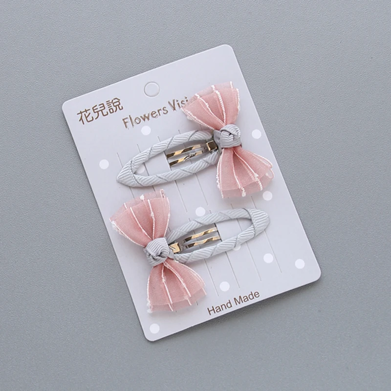 Chiffon Bowknot Unique BB Clip Grid 2PCS/Set Handmade For Girls Kids Hair Accessories With Ribbon Covered Satin Stripe