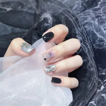 

24Pcs press on nails Full Cover Women's Wearable DIY Bride Nail tips Black Silver Short Square Head Artificial N ails with gule