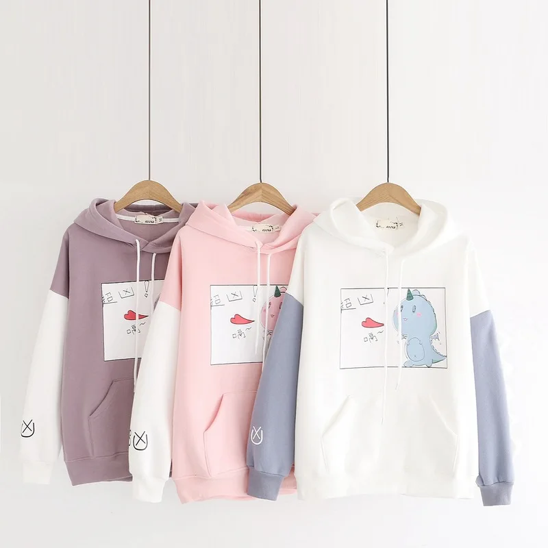 Осень Зима Лоскутная Толстовка с капюшоном для женщин Harajuku мультфильм Динозавр печати толстые толстовки студентов сладкий флис теплый пуловер