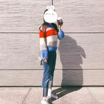 

Women Sweater 2019 Fall/Winter Strap Round Neck Loose Colorblock Striped Sweater