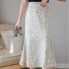 Женская повседневная юбка-Русалка с высокой талией, элегантная юбка в горошек, Корейская шифоновая трапециевидная юбка миди