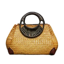 Винтажная женская соломенная сумка женская бамбуковая Летняя Пляжная плетеная Сумка из ротанга ручной работы модная повседневная дорожная деревянная трикотажная Сумка-тоут BAG2007