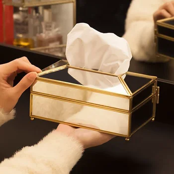 

European Style Brass Glass Waterproof Paper Towel Box High Quality Glass Makeup Tissue Storage Box Napkin Holder Box