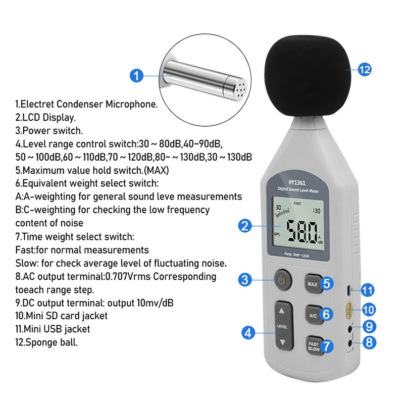 HY1361 sound level meter 30-130db Decibel meter Volume measurement USB data storage 3