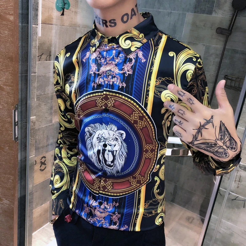 Золотая блузка с цветочным рисунком мужские рубашки в стиле барокко королевские тонкие роскошные рубашки мужская корейская модная одежда Клубные рубашки с принтом Льва Мужские