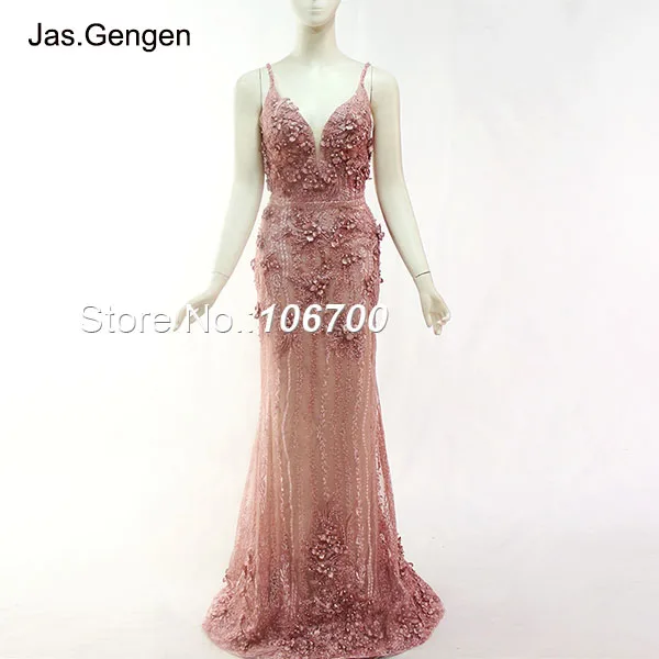 Розовый Amazing 3D Embroidery Lace with Beaded Stones Evening Dress robe de soiree Deep V Neck Spaghetti Strap Mermaid Bridal Prom Gown - Цвет: Розовый