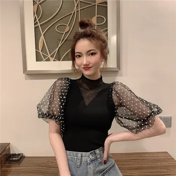 

Patched Dot Mesh Short Puff Sleeve Knitted Sweaters Pullovers Girls Turtleneck Sexy Stretchy Sweater Tops For Female
