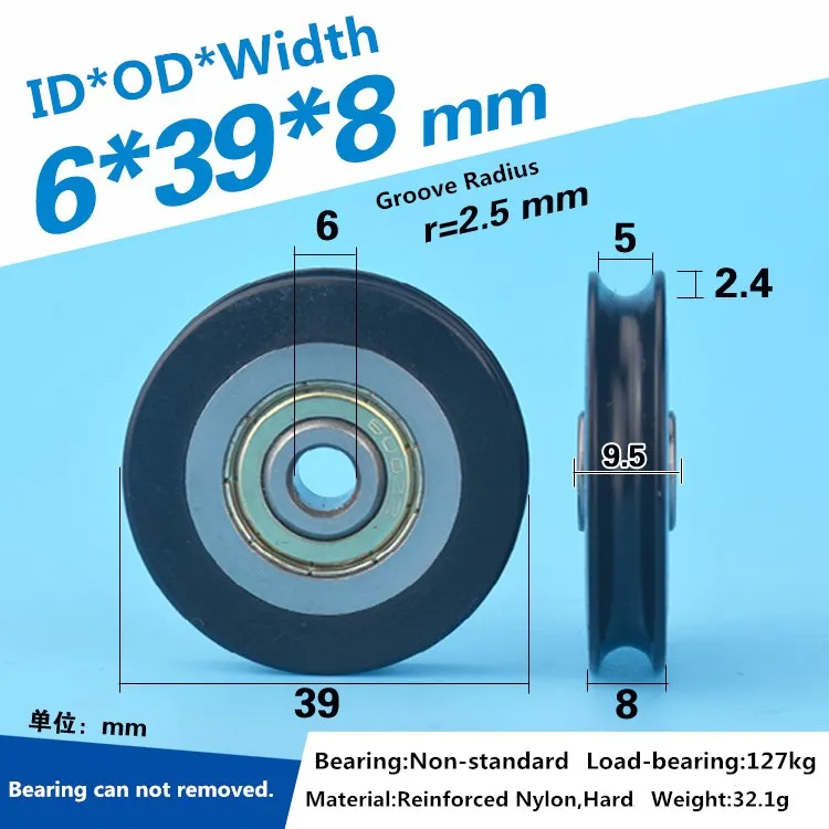 Polia de Roda em Forma de u 608 de Nylon Peças 6x39x8 mm Rolamento da Roda R2.5 mm tipo Redondo Guia de Trilho v Rolamento de Roda