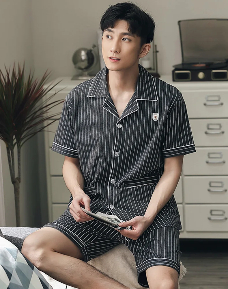2021 Summer Pajamas Sets for Men 100% Cotton Pyjamas Striped Gray Sleepwear Pijama Hombre Short Sleeves&Pants Pajamas for Men