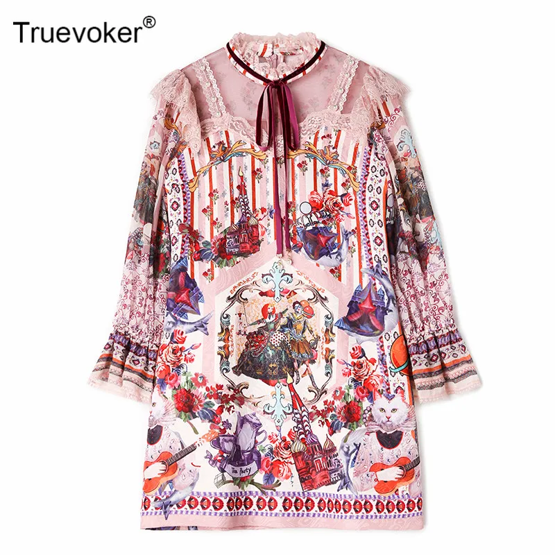 Truevoker дизайнерские праздничные платья для подиума, женские платья с длинным рукавом, этнические Инди фолк, с принтом, прозрачные кружевные лоскутные платья