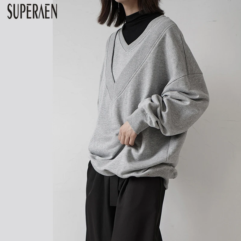 SuperAen с капюшоном модные женские туфли кофты корейский стиль хлопок сплошной Цвет кофты женские новые осенние v-образные вырезы дамы