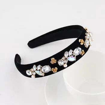 

Vintage Headband For Women Wedding Full Rhinestone Party Handmade Hair Bands Red Crystal Velvet Wide Hoop Hair Accessories