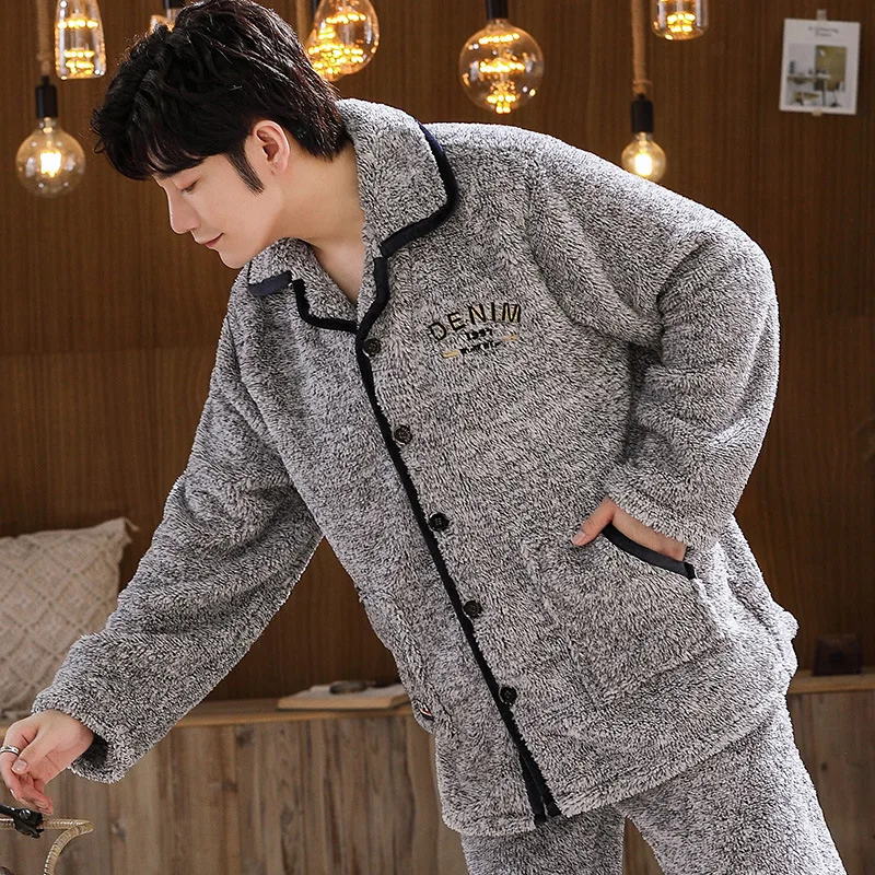 

Coral Velvet Pajama Men's Autumn/winter Model Thick Warm Winter Frankincly Velvet Cation Home Clothing Suit Can Be Worn Outside