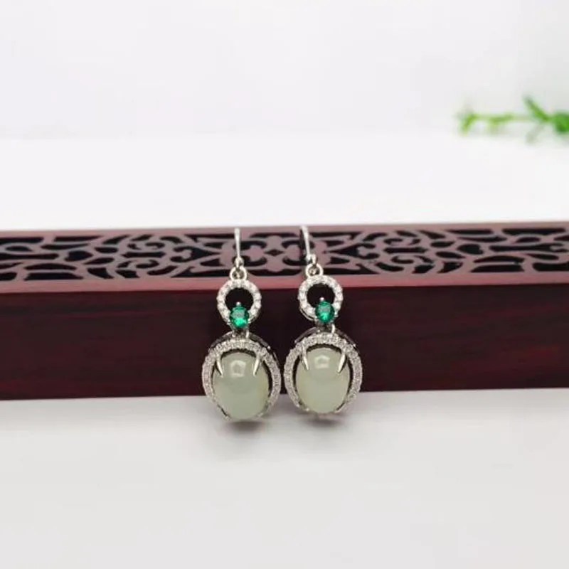 Noble 925 Sterling Silver White Jade Inlay Zircon Earrings For Women Fine Jewelry | Украшения и аксессуары