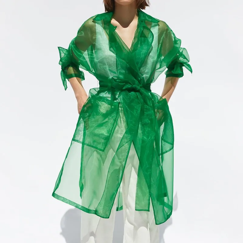 

Women Casual Transparent Organza Jacket Long Sleeve Elegant Coat Sashes Turndown Collar Long Party Jacket Female