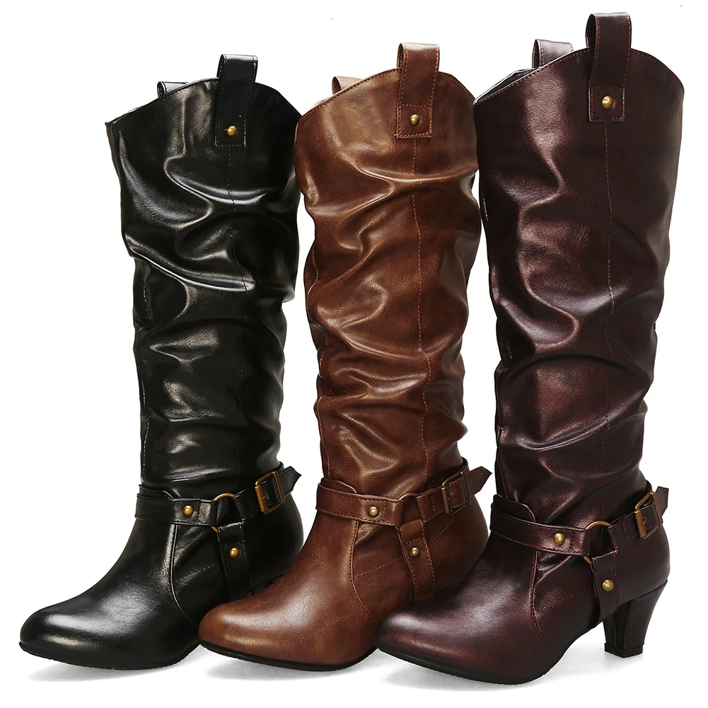 KARINLUNA New Big Size 33-43 Autumn Fashion Pleated mid-calf Boots Women Ladies Western Boots Buckle OL Med Heels Shoes Woman KARINLUNA New Big Size 33-43 Autumn Fashion Pleated mid-calf Boots Women Ladies Western Boots Buckle OL Med Heels Shoes Woman